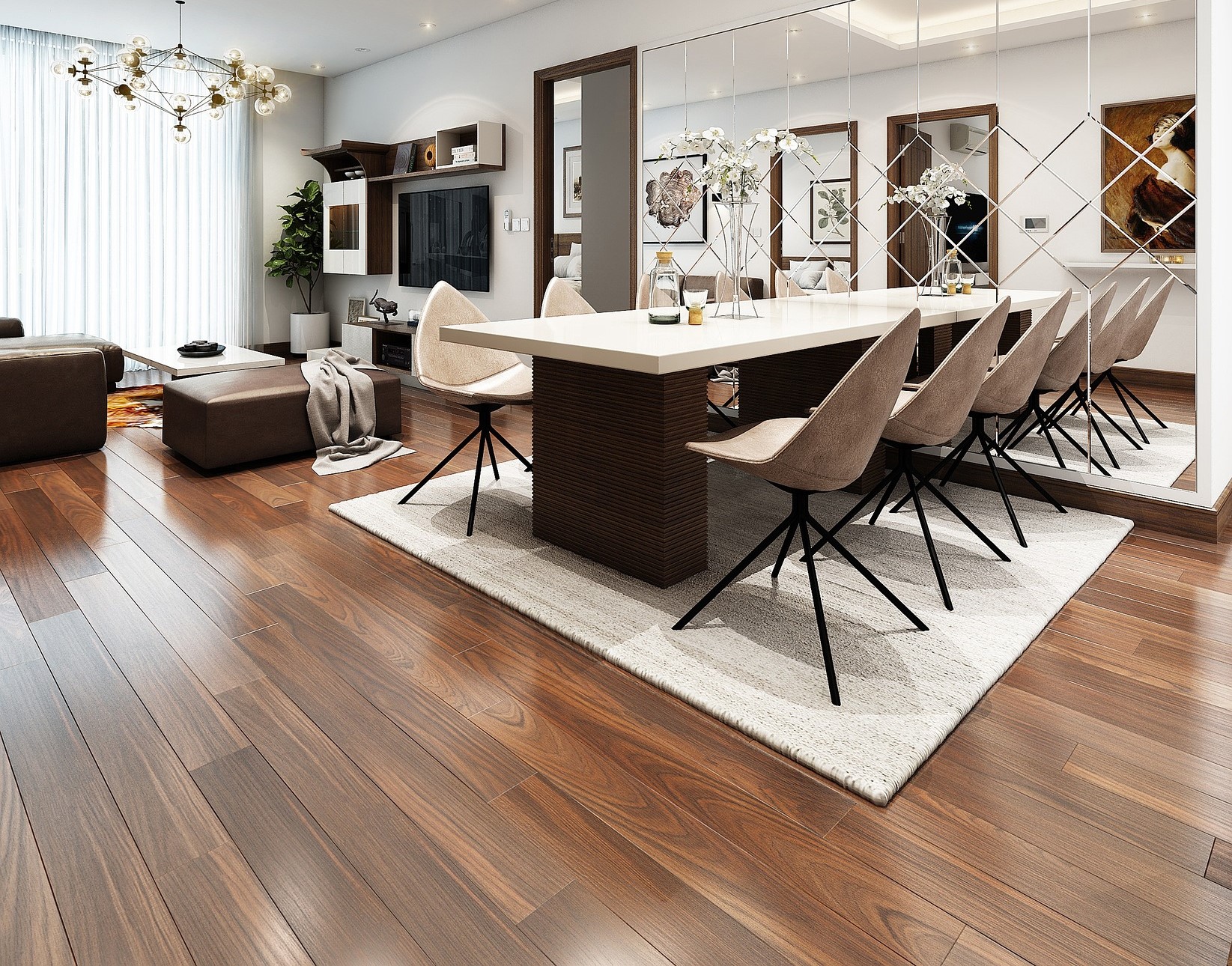 Tmav&aacute; dreven&aacute; podlaha v kuchyni